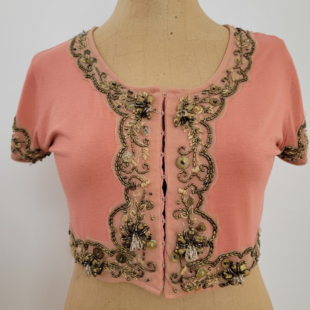 Plenty by Tracy Reese...salmon with gold beaded embellishment crop top...